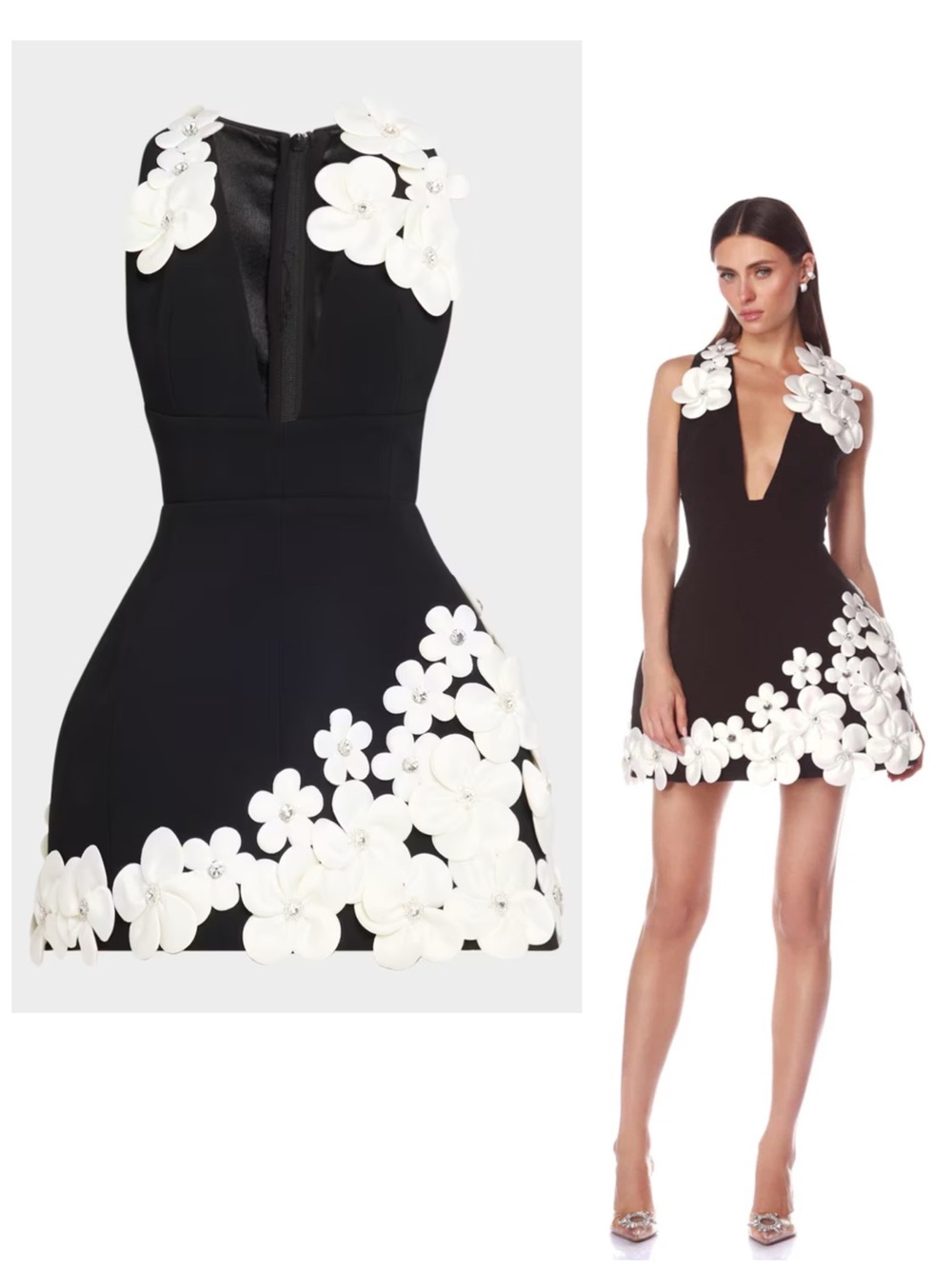 Bronx and Banco Estelle Black White 3D Floral Applique Mini Dress Size Small